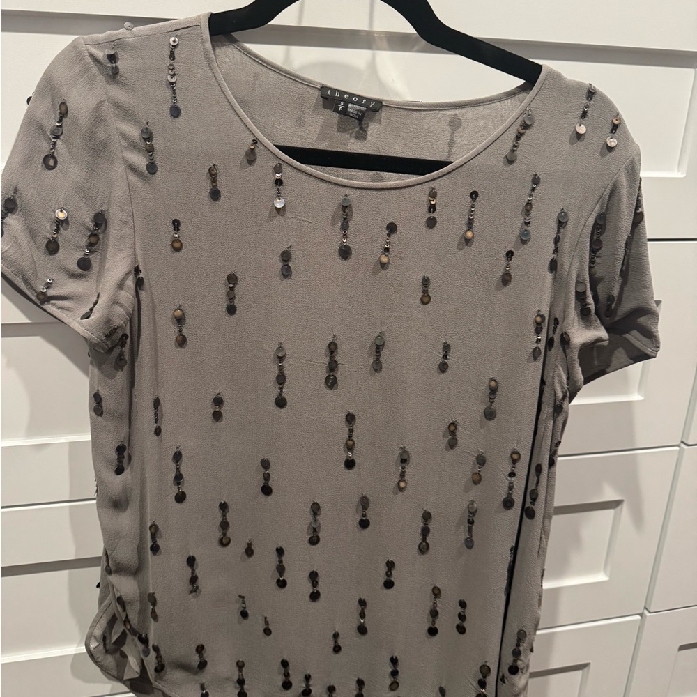 Theory Metallic Embellished Short Sleeve Top